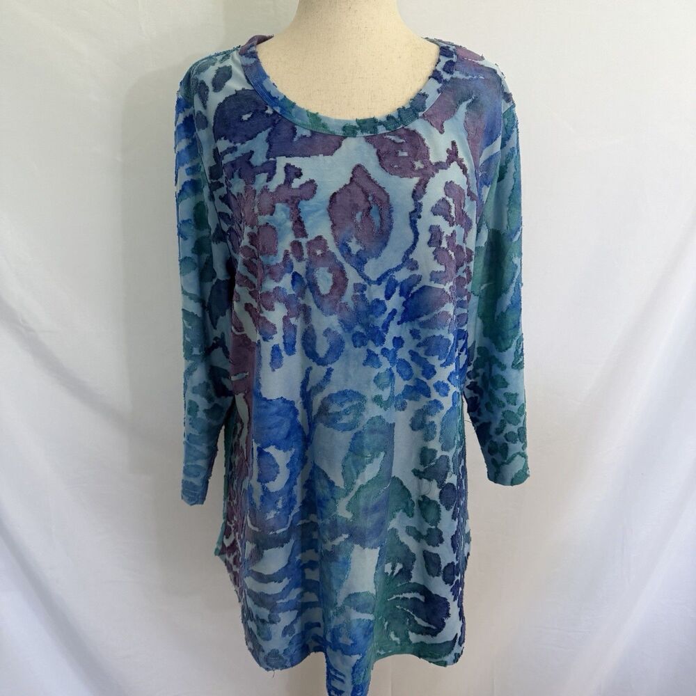 Calessa Abstract Floral Blouse Tunic Top Womens Size XL Asymmetric Fairy